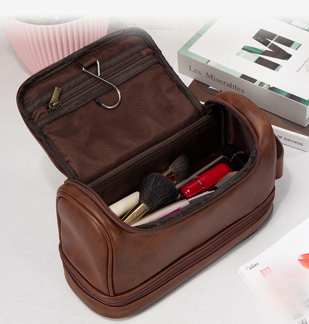 RC ROCKCOW Toiletry Bag for Men Leather Travel Organizer Shaving Dopp Kit with hanging hook, Large Water-resistant Toiletries Bathroom Shaving Bags for Women