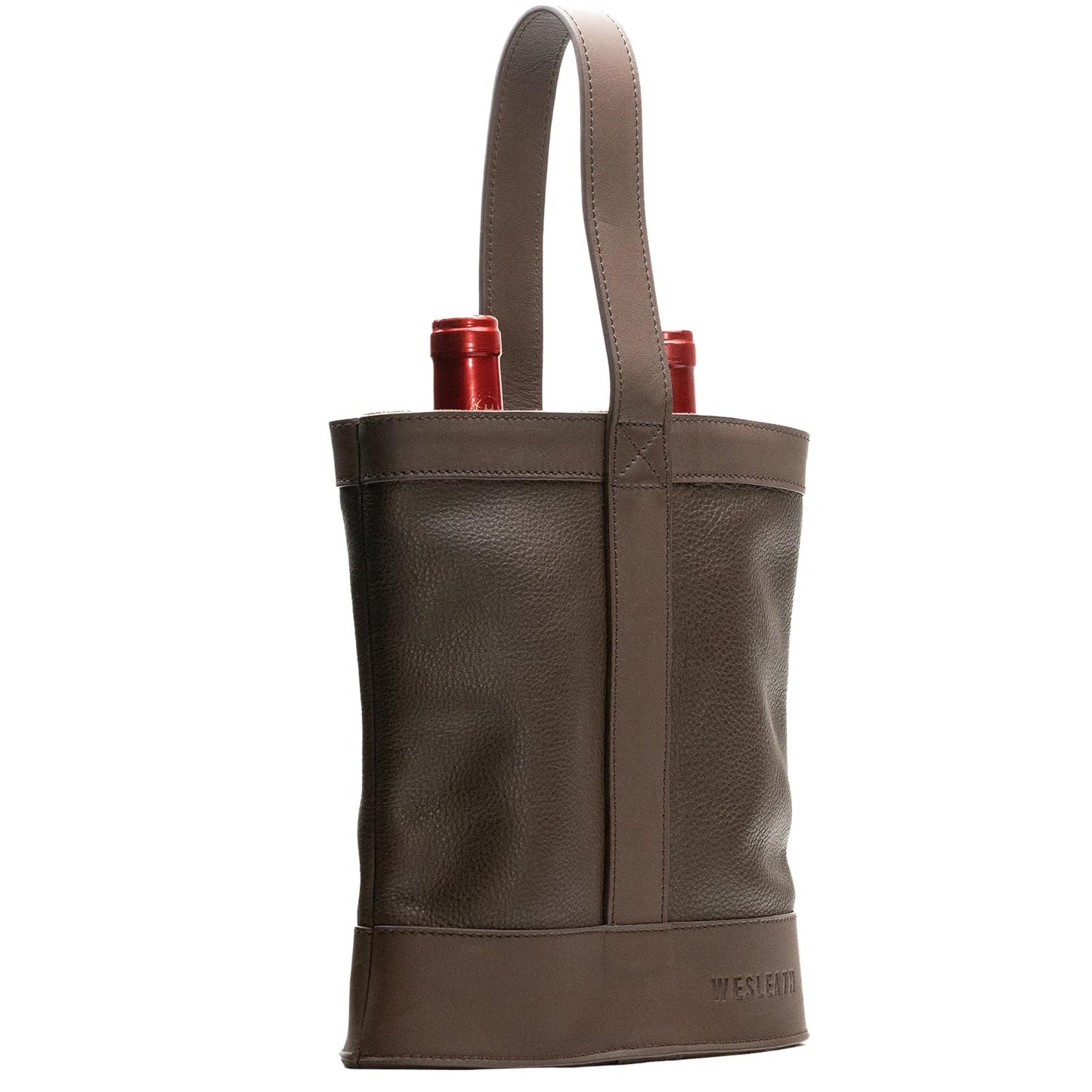 WESLEATH Double Wine Carrier Bag – Leather Wine Tote for Two Bottles with Handles & Metal Buckle – Protective Carrier for Picnic, Wine Champagne Gift Bag (Moka)