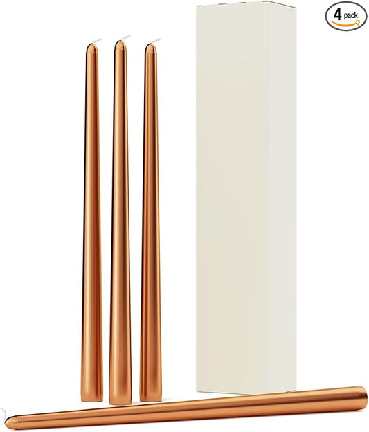 12-Inch Tall Dripless Taper Candles Set of 4 - Metallic Copper Tapered Candles, Perfect for Christmas - Smokeless, Unscented, Long Burning - Hand Poured, Colored Tall Candlesticks