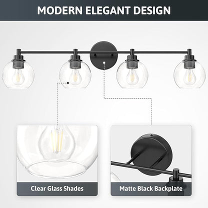 VONLUCE Bathroom Light Fixtures, 4-Light Bathroom Vanity Light with Globe Glass Shades E26 Sockets, Vanity Lights Over Mirror for Bedroom Hallway Living Room, Black Finish
