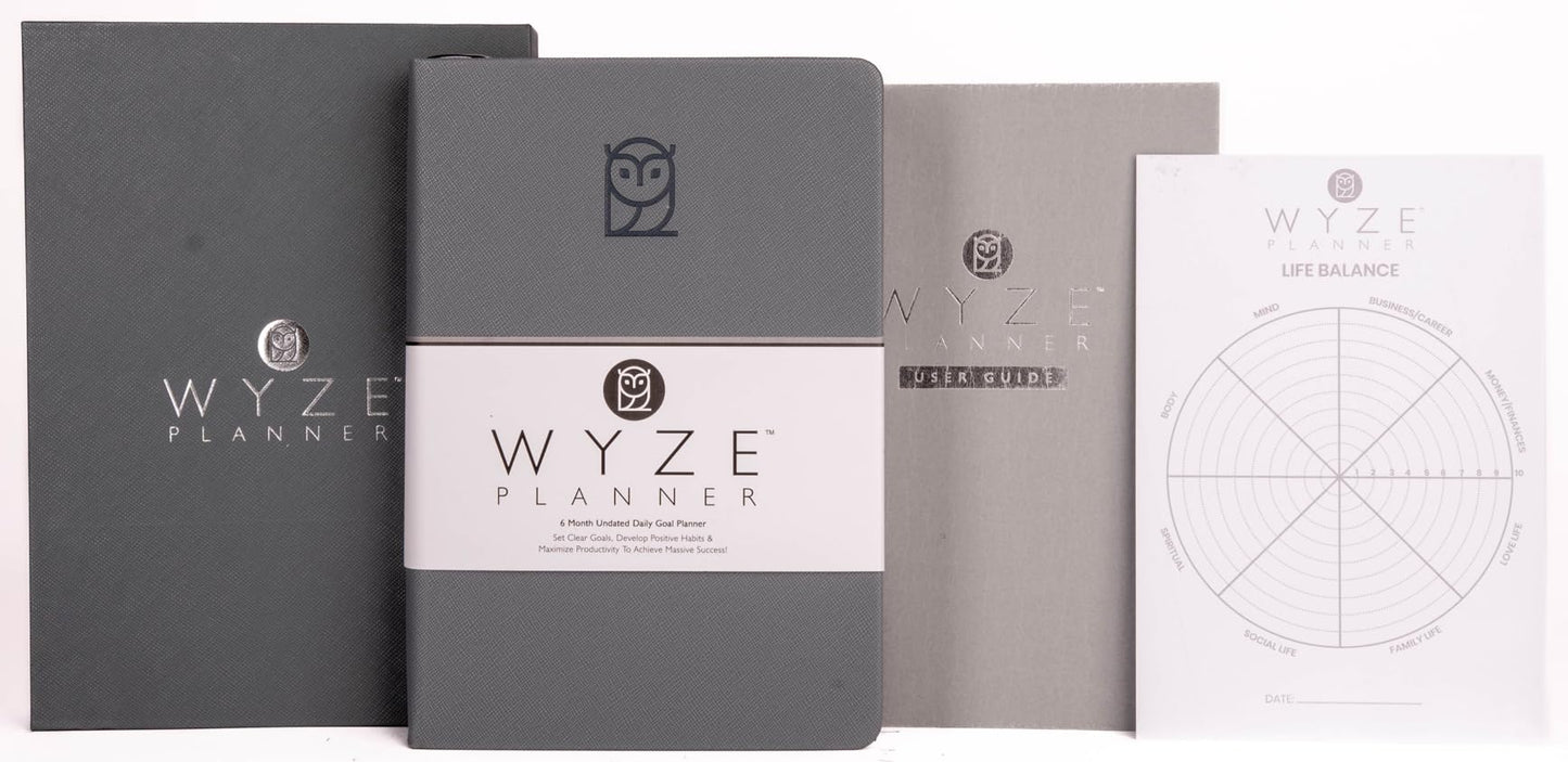 Wyze Planner Undated Daily Planner – 6-Month A5 Productivity Organizer with Full Page Per Day, Hourly Schedule, Goal Setting, Habit Tracker, Weekly & Monthly Pages – Hardcover Time Management Notebook (Gray)