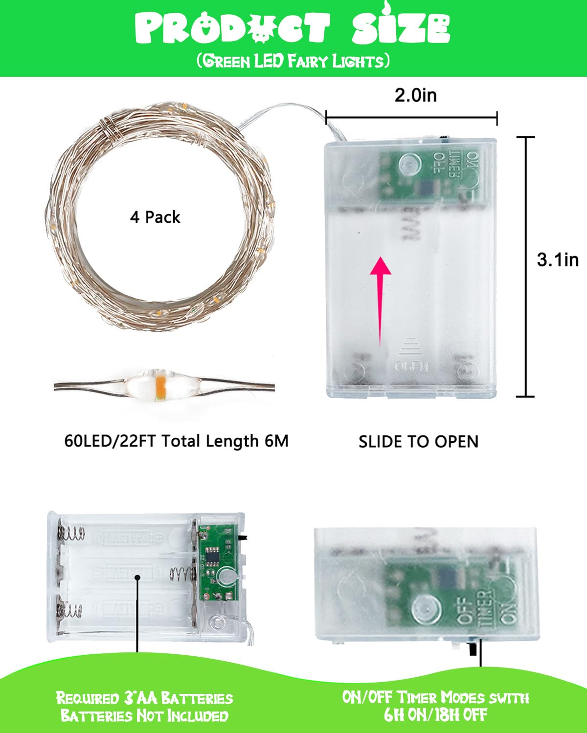4 Pack 60 LED Fairy Lights Battery Operated with Timer, 20FT Waterproof String Lights Indoor Outdoor, Cuttable Battery Light for Home Bedroom Wedding DIY Centerpiece Christmas Decorations (Green)