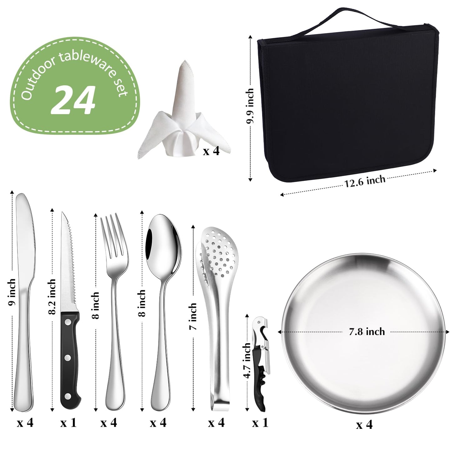 Camping Kitchen Utensils Set - 24 Piece Travel Silverware Cutlery Organizer with case Stainless Steel Reusable Cooking Utensils for 4 Person - Perfect for Hiking, Picnics, Backpacking & BBQ Mess Kit