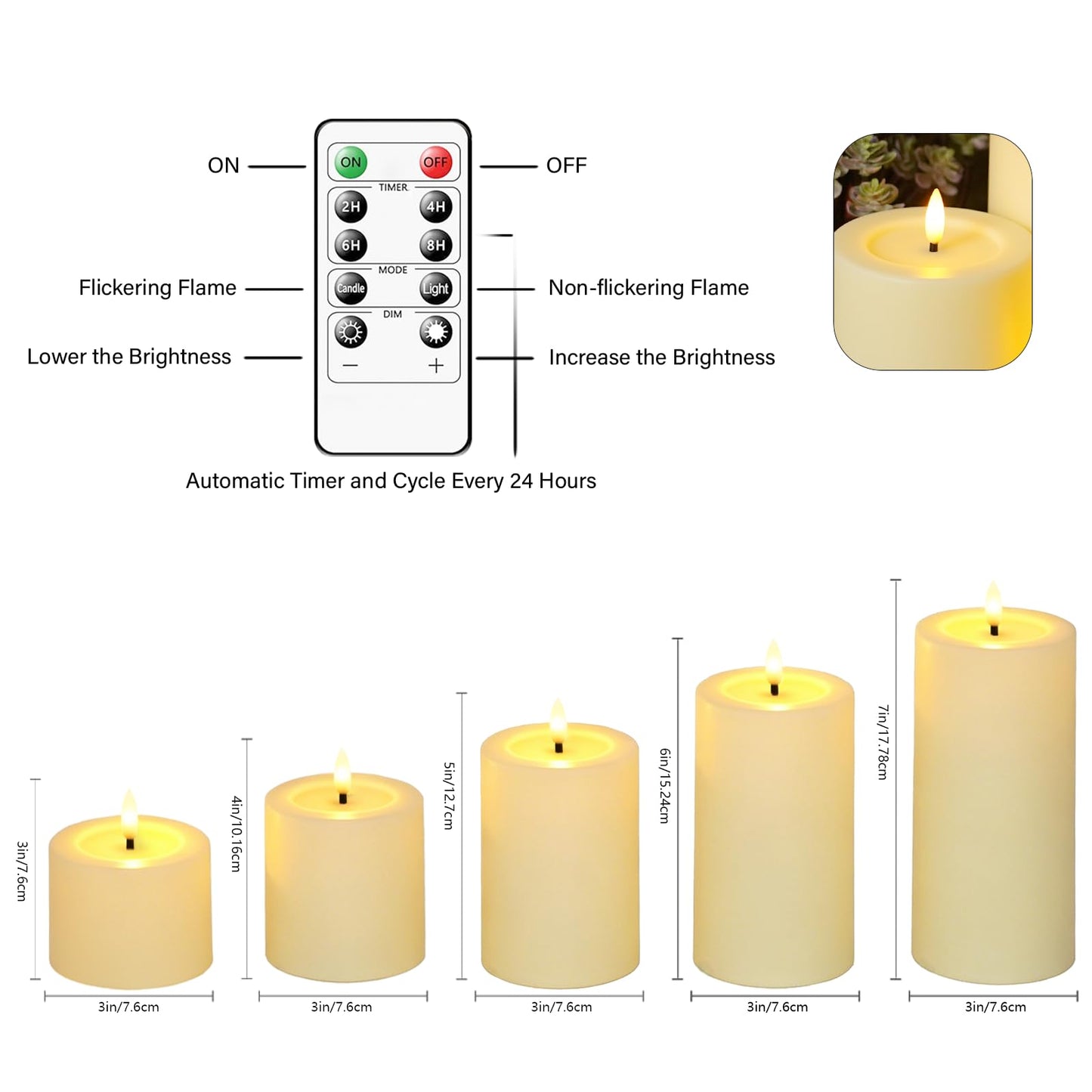 kakoya 5 Pack Flickering Flameless LED Candles with Remote,D3 x H3/4"/5"/6"/7" Battery Operated Pillar Candles Only Need 1 AA Battery Each for Home Wedding Holiday Decor,Ivory
