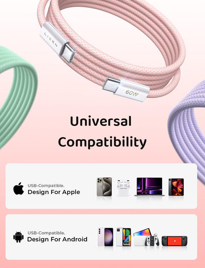 LISEN USB C Cable, 5-Pack [3.3/3.3/6.6/6.6/10FT] for iPhone 17 Charger Cord, 60W USB C to USB C Fast Charging Cable for iPhone 17 Air 16 15 Pro Max, Samsung Z Flip 7/S25/S24, Switch 2, iPad, MacBook