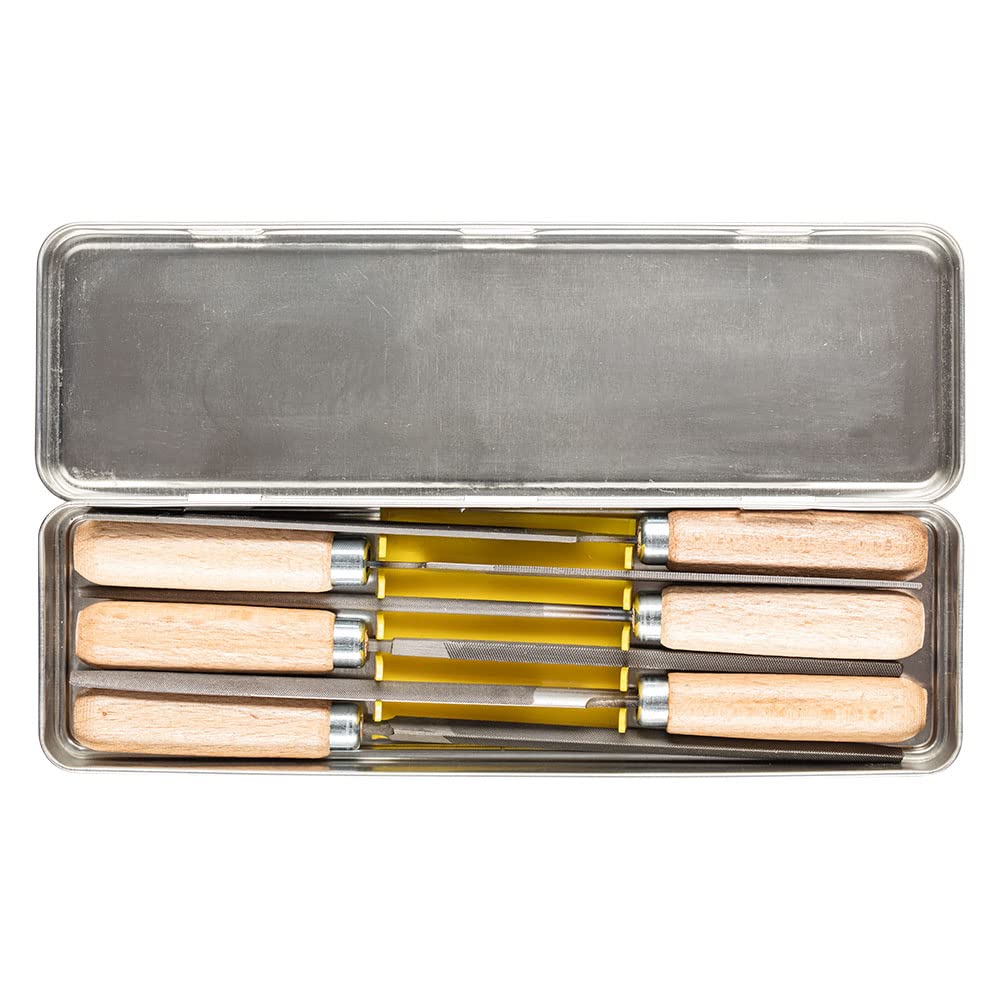 PFERD 4" Key File Set 265 K, 6-Piece – with Wooden Handles & Metal Storage Box – for Fine and Delicate Filing – Part 17010