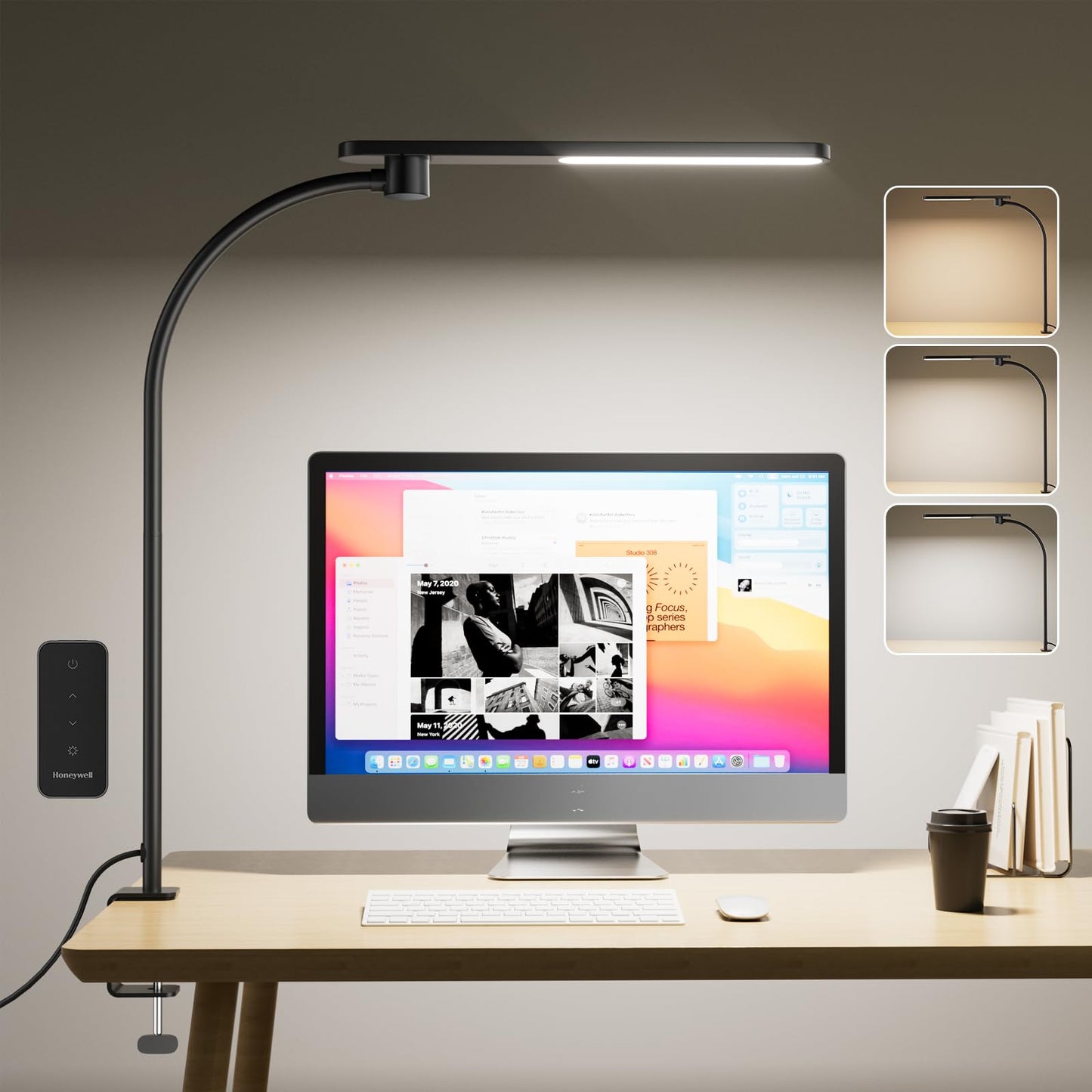 Honeywell HJ2 Sunturalux™ Clamp LED Desk Lamp, CRI≥97 Full-Spectrum Eye-Caring Light, 3 Color Modes & Stepless Dimming, 16" Flexible Gooseneck for Reading, Home Office, Art Creation (Black)