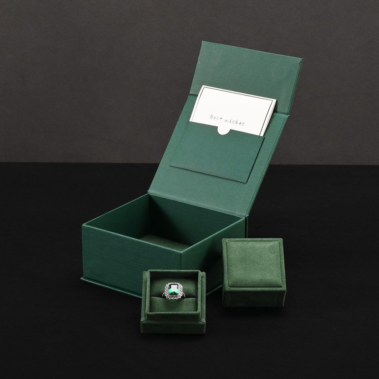 Woodten High-end Faux Leather Jewelry Gift Box with Small Ring Box Greeting Card Small Proposal Engagement Ring Box(Green)