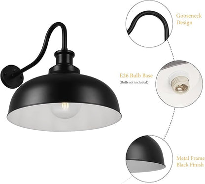 Dusk to Dawn Outdoor Gooseneck Barn Light,16 Inch Dome Outdoor Wall Sconce Farmhouse Exterior Wall Mount Light Vintage Wall Lighting Fixture Industrial Black Wall Lantern for Porch, 2 Pack