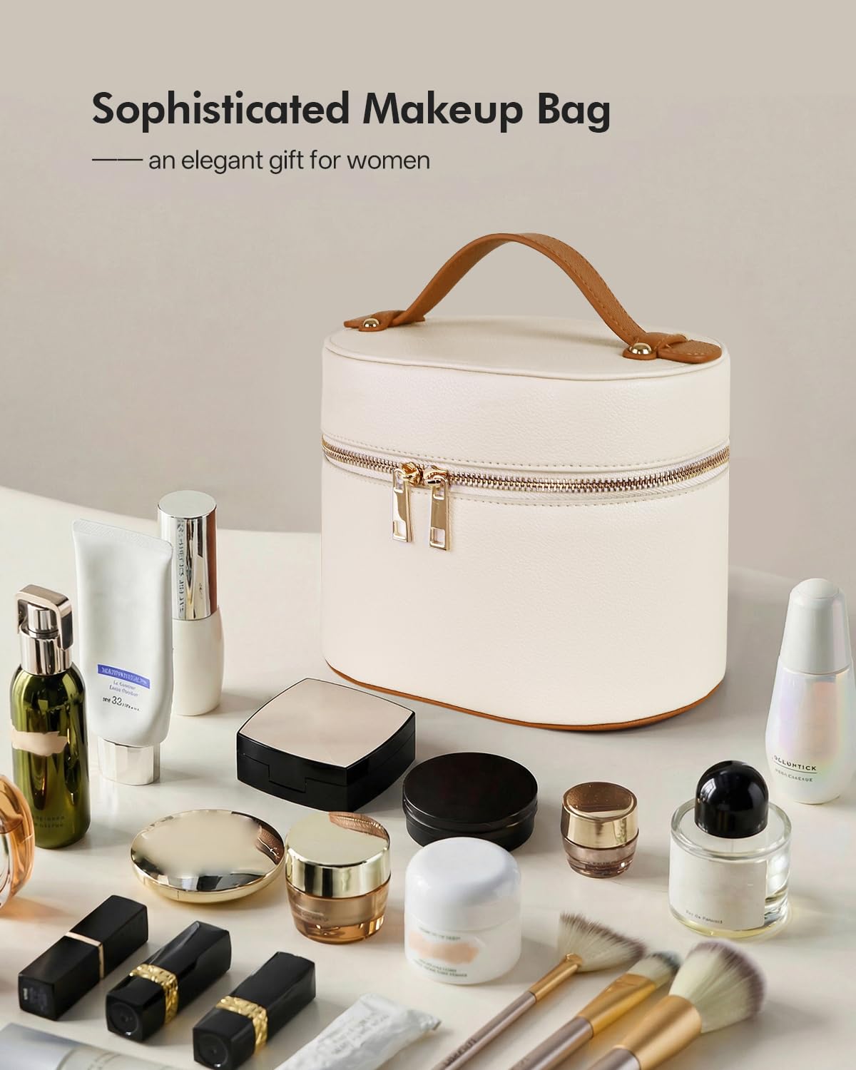 Prite Makeup Bag Travel Cosmetic Case with Clear Toiletry Pouch and Removable Divider, Vegan Leather Organizer for Women