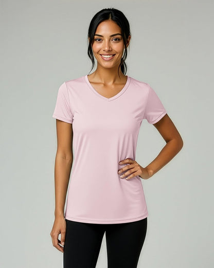 Real Essentials 5 Pack: Women's Dry-Fit Short Sleeve V Neck T Shirt Workout Fitness Yoga Top Tee, Set 6, S
