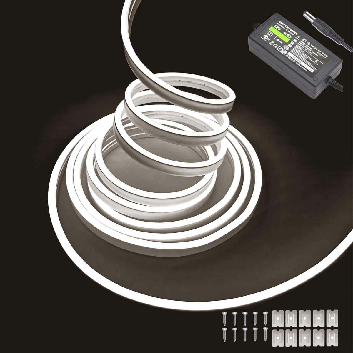 Maxlaxer White Neon LED Strip Lights, 16.4ft 12V Waterproof Flexible Light for Indoor/Outdoor Decoration (Includes Power Adapter)