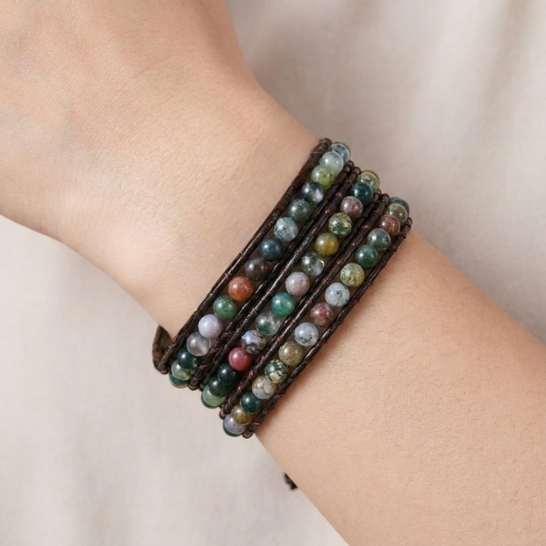 YGLINE Handmade Leather Wrap Bracelet Agate Wrap Adjustable Bead Bracelet