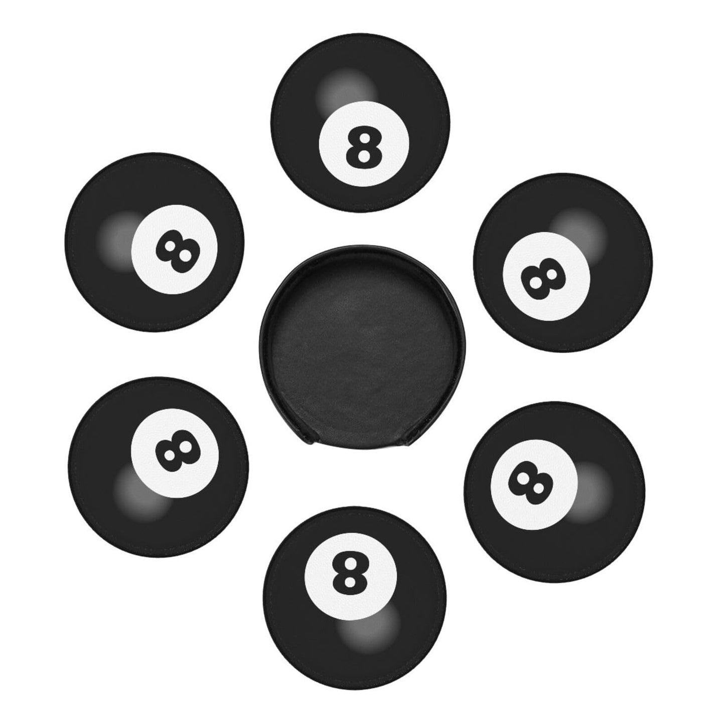 BOXIMIAO Drink Coasters with Holder Stand Set of 6, Billiard Ball Black 8 Pu Leather Absorbent Coasters with Cork Base Table Coaster Round Coasters for Housewarming Apartment Kitchen Bar Decor