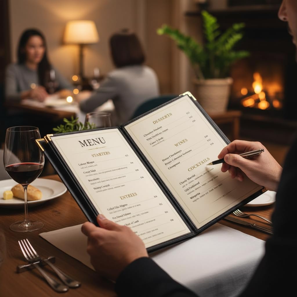 Restaurant Menu Covers 8.5×11 – 8 Page 16 View Menu Sleeve, Premium Black Faux Leather, Waterproof Durable Menu Holder for Bar Cafe Hotel, 2 Pack