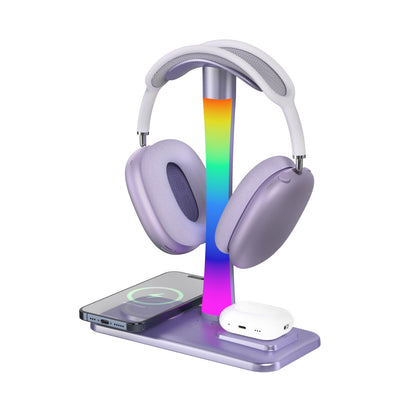Headphone Stand with Wireless Charger,Gaming Headset stand with RGB Light,For Airpod Max Stand Compatible with Airpod Pro/3/2,For iPhone 17/16/15/14/13/12/11,Gifts for Gamers & Music Lover (Purple)