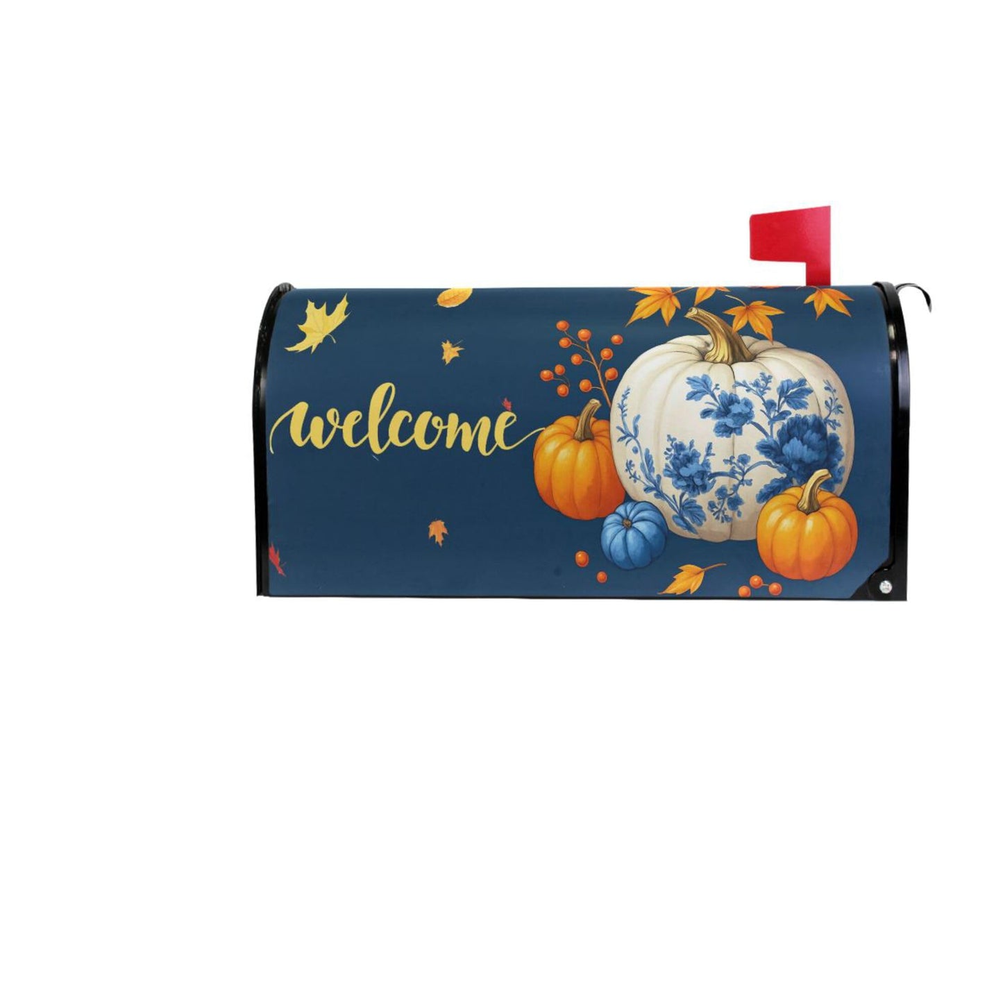 Wamika Welcome Fall Blue Magnetic Mailbox Covers Porcelain Pumpkin Maple Leaves Mailbox Cover Over Size Full Magnet Garden Yard Porch Mail Boxes Cover Holiday Decorations 25" L x 21" W