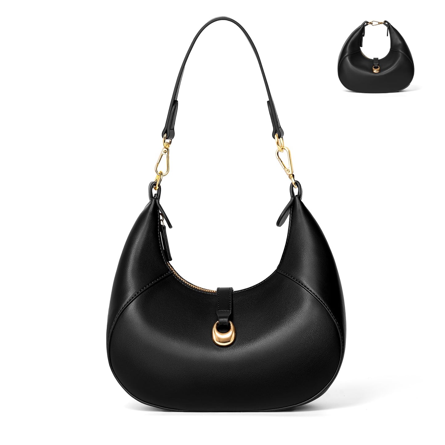 TOPEAST Purses for Women, Crescent Shoulder Bag, Small Soft Leather Trendy Hobo Handbags with Crescent Snap & Removable Strap for Everyday Going Out, Black Purse