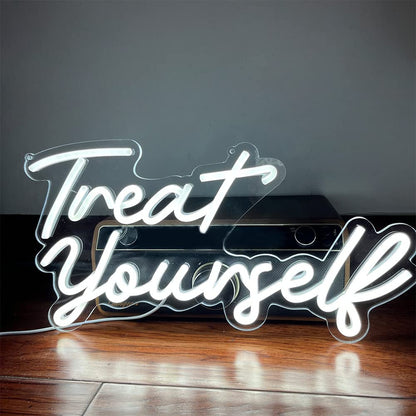 Treat Yourslef Neon Signs White LED Letter Neon Light Sign USB Power for Wall Decor Bedroom Wall Birthday Party Christmas Wedding Decoration(16.5 * 8.7)