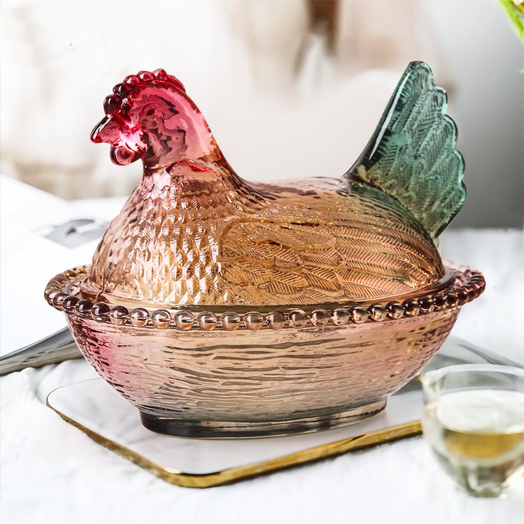 WAIT FLY Chicken Shape Glass Candy Dish with Lid Cookie Jar Candy Jar-Brown