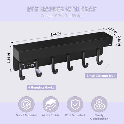 VIS'V Key Holder Wall Mount, Compact Adhesive Key Rack with Tray, 6 Hooks, 2 Mount Options, Black