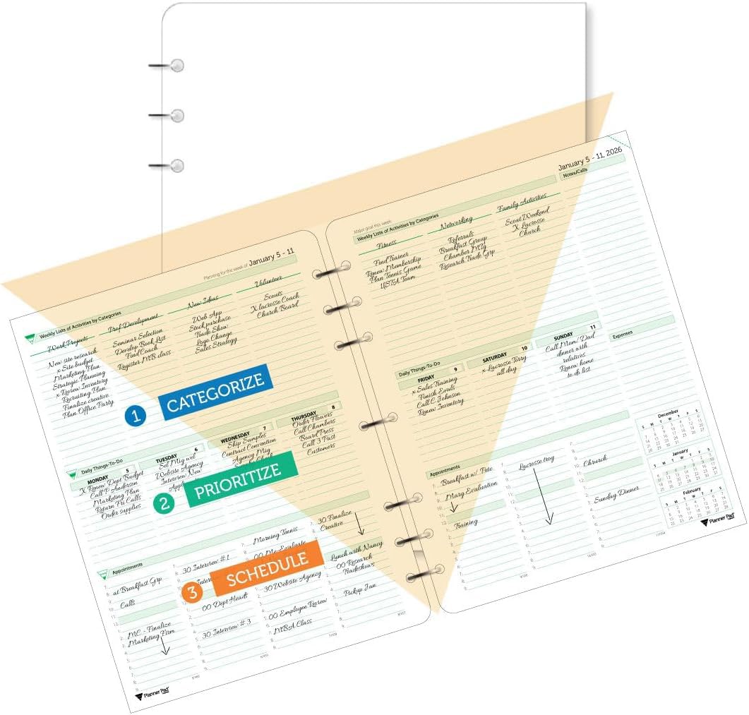 Planner Pad 7 Hole Loose Leaf January-December 2026/ Calendar Year 8 1/2" x 11" Large 3-Tier Funnel Down 12 Month Organizer, Soft Green Ink