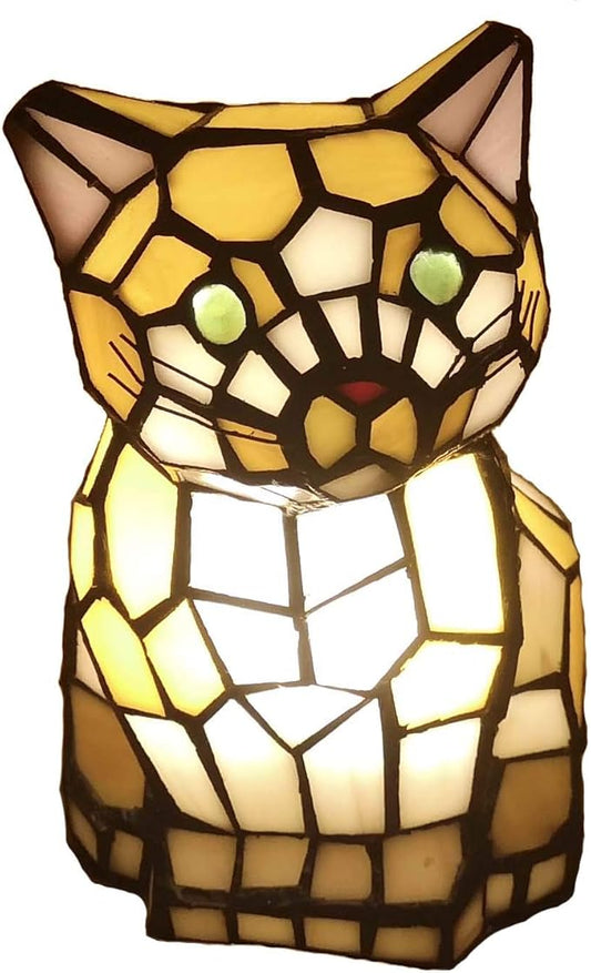 Bieye L10211 Cute Cat Waits for Someone to Play with Tiffany Style Stained Glass Accent Table Lamp Night Light for Home Decoration (One Cat, Yellow)
