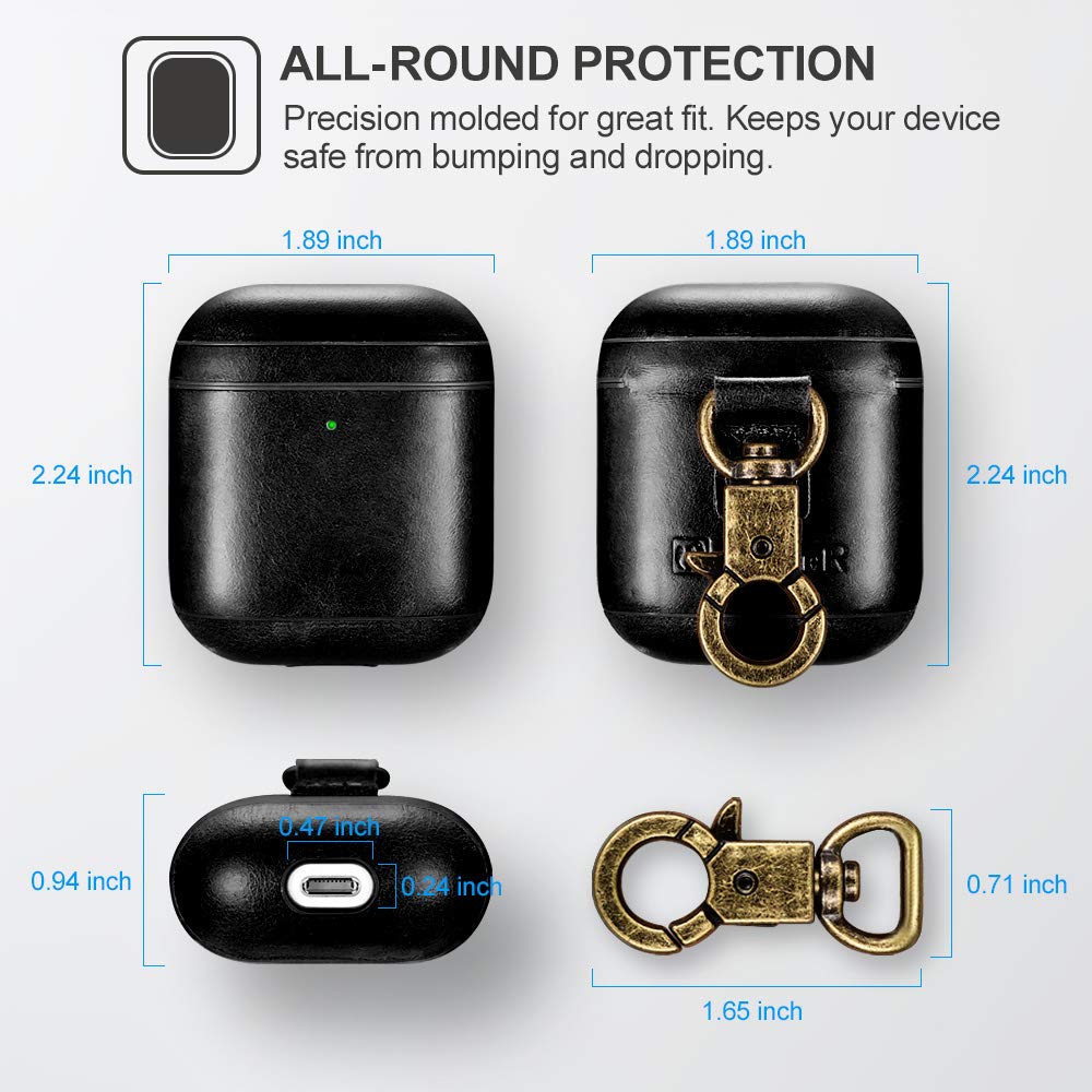 AirPods Leather Case, ICARER Genuine Leather AirPod case with Keychain and Led Light for Apple AirPods 2 Case & Airpods 1, Support Wireless Charging (Black)
