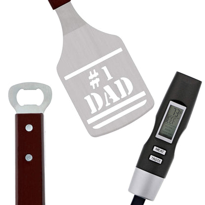 Panoware BBQ Grill Tools Set for Dad, 4 Piece Set, Number 1 Dad Tongs, Spatula, Digital Thermometer and Case
