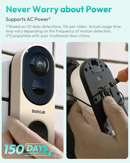 BOTSLAB Doorbell Camera Wireless, 5MP Video Doorbell with Homebase, 180°Panoramic View, No Monthly Fee, 2.4 GHz WiFi, AI Motion Detection, VR Mode