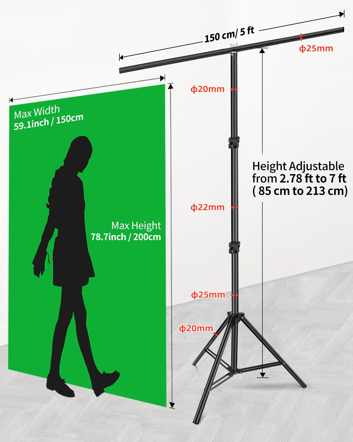 HEMMOTOP 7x5 ft(HxW) Green Screen Stand Kit, 6.5x5 ft Green Screen Backdrop with Stand for Streaming, Gaming, Zoom, Portable Greenscreen Background Kit with Clips & Carrying Case