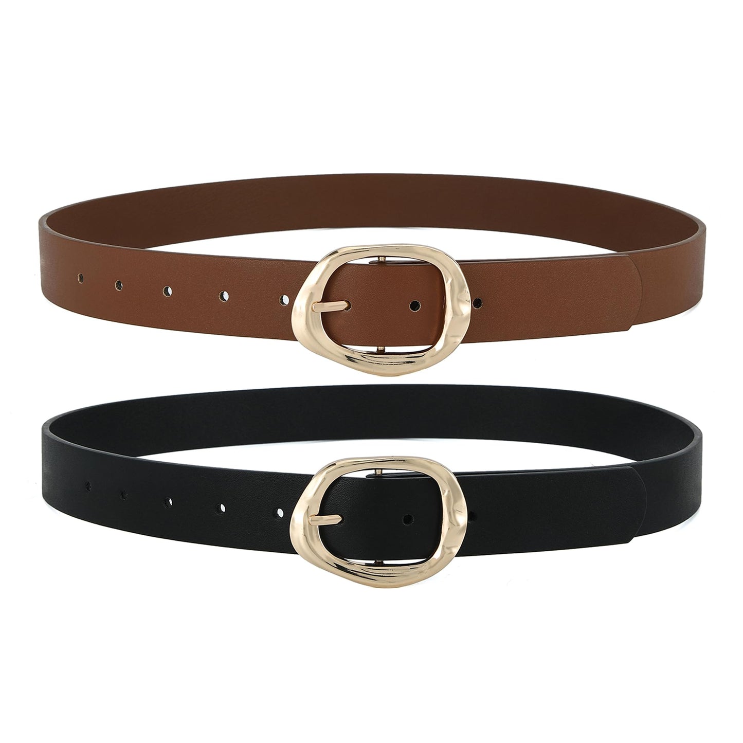 Earnda 2 Pack Black Brown Leather Belts for Women Casual Fashion Waist Belt with Liquid Shapes Gold Buckle for Jeans Pants Dresses 1.18" Width X-Small