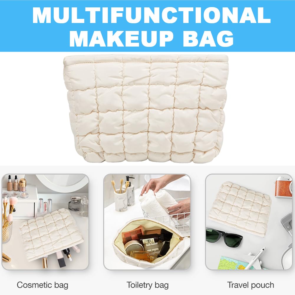 FITINI Makeup Bag Travel Large Portable Quilted Cosmetic Organizer Cute Pouch for Women Soft Puffy Zipper Waterproof Toiletry Storage Bags,Quilting Puff Rose