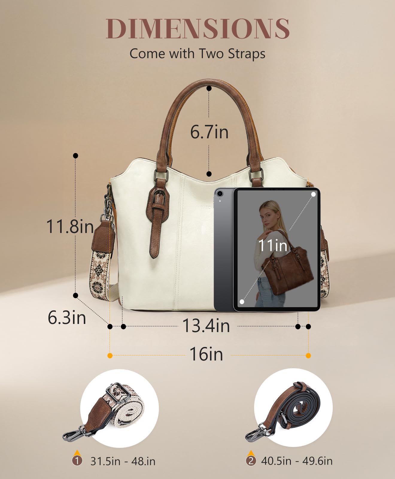VASCHY Hobo Bags for Women, Vegan Leather Top Handle Satchel Shoulder Purse Handbag Purse with Crossbody Guitar Strap Beige
