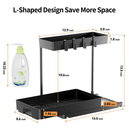 Delamu 2 Pack Under Sink Organizers and Storage, 2 Tier Pull Out Bathroom Cabinet Organizer, L-Shape Black Under Bathroom Kitchen Sink Organizer with Drawer for Under Sink Storage Organizer