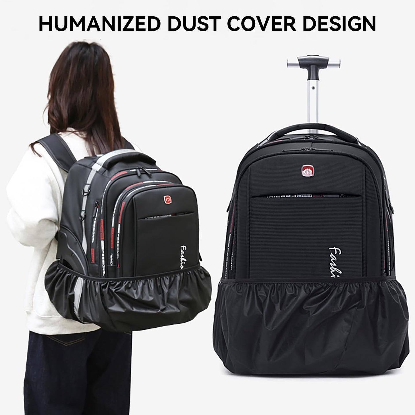 WMHYLYH Waterproof Rolling Backpack for Women and Men, Laptop Backpack with Wheels for Adults, Carry on Backpack with Large Wheels for Travel and Business Commuter (Black, 22inch)