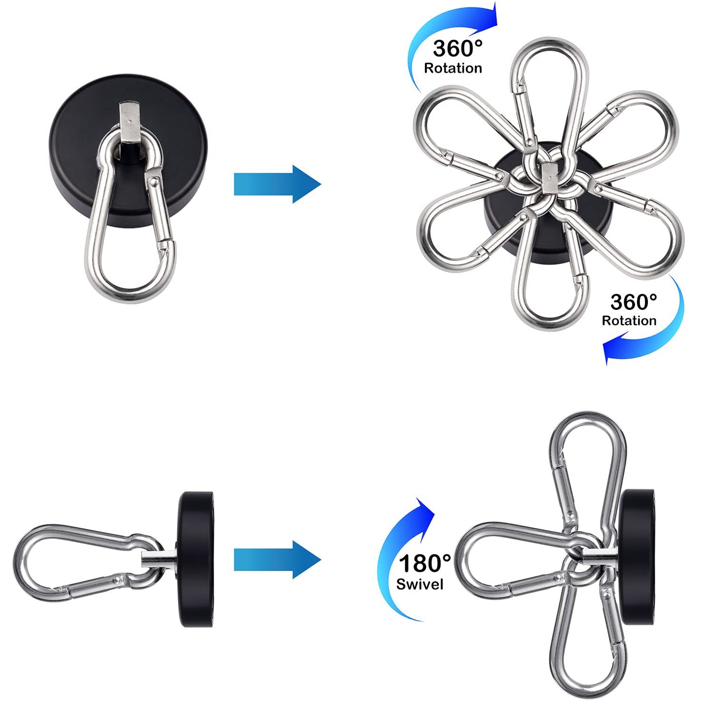 WELLZEER Magnetic Hooks 170lbs Heavy Duty Black Magnet Hooks with Swiveling Carabiner for Hanging Refrigerator Strong Large Neodymium Magnet (170LBS-2PACK-BLACK)
