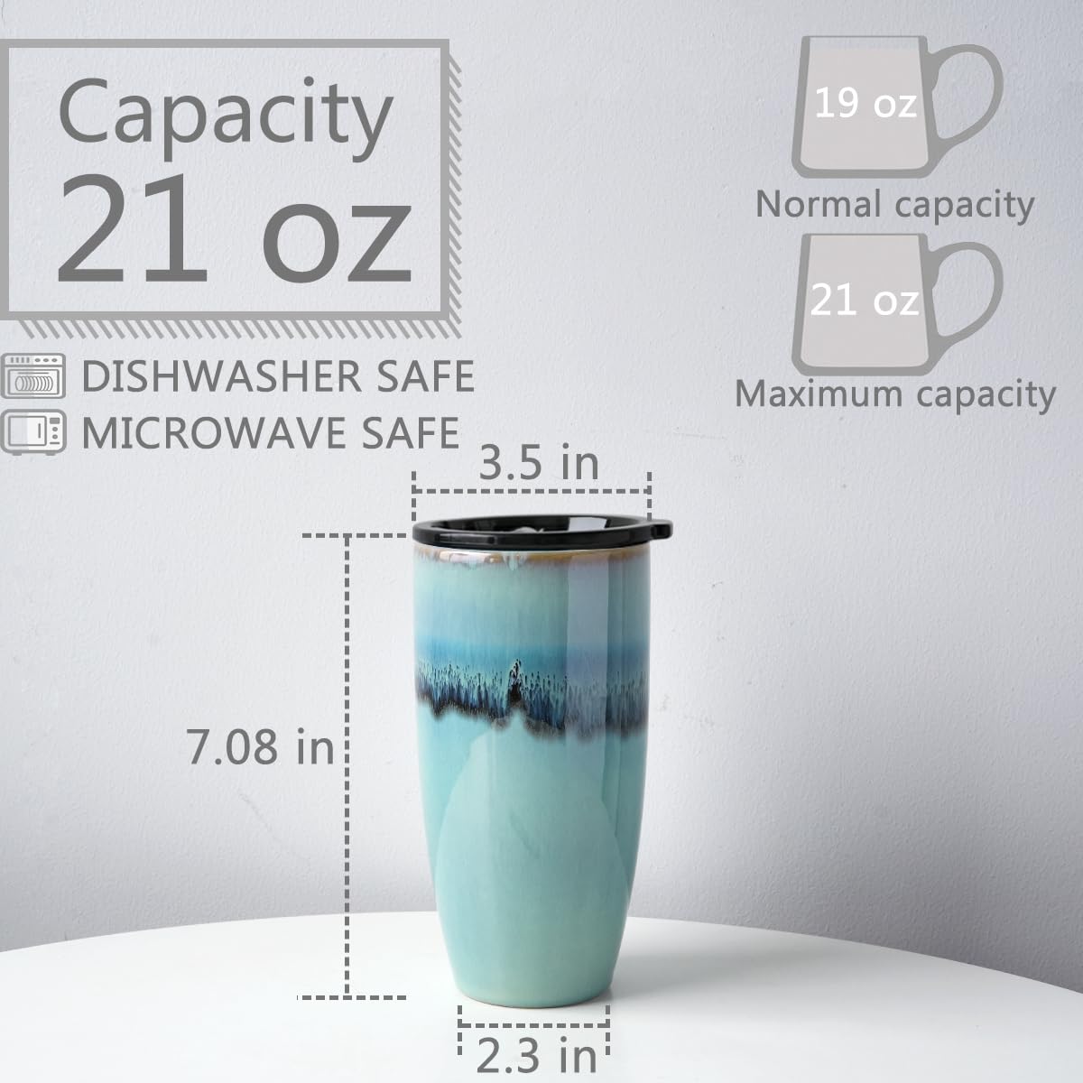 Bosmarlin Ceramic Trave Coffeel Mug with Lid, 21 oz, Portable Coffee Cup for Car Cup Holder, Microwave and Dishwasher Safe, Reactive Glaze