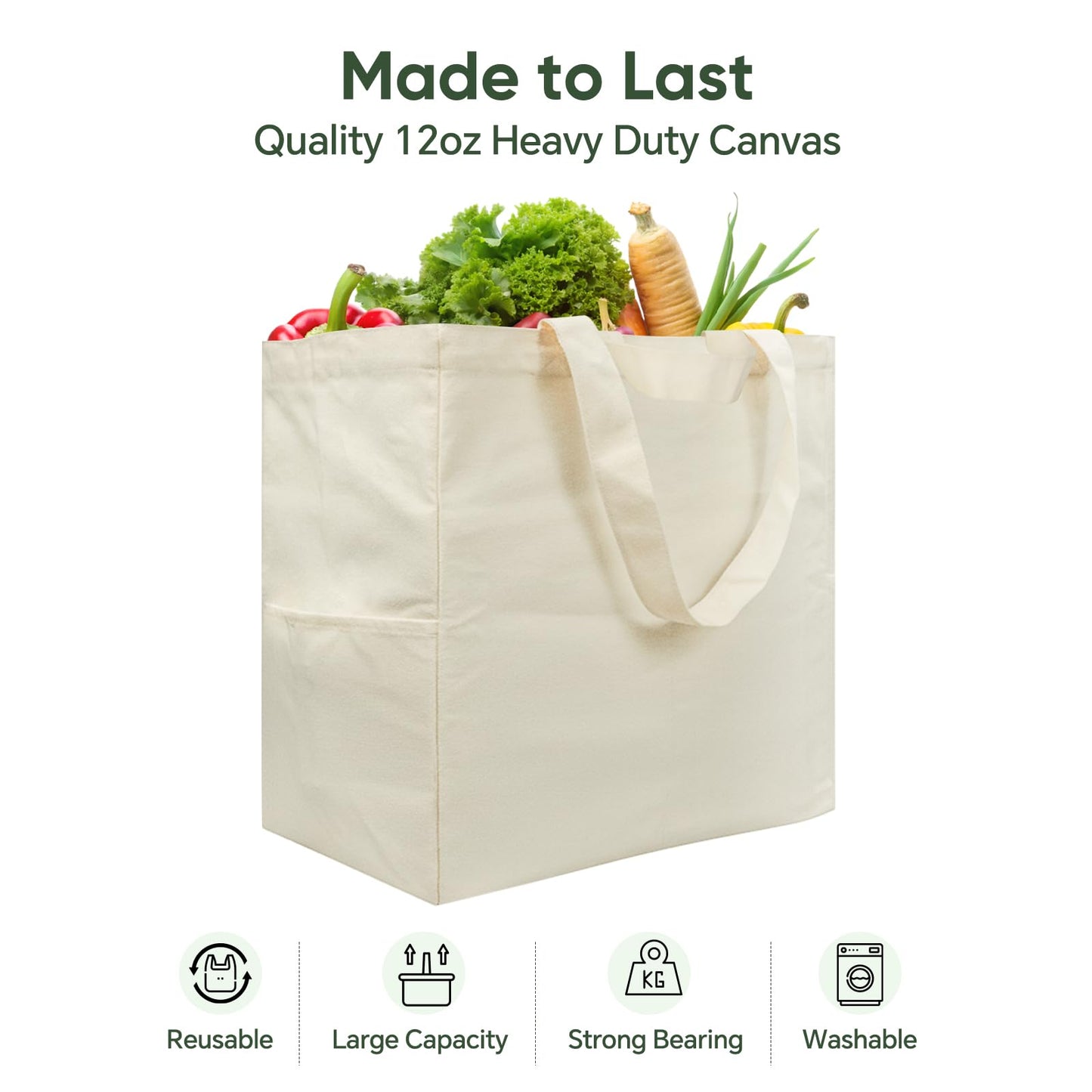 Dwscroad Canvas Tote Bag, Heavy Duty Reusable Grocery Bags with Pockets, Large Shopping Bags for Groceries (3 Pack)