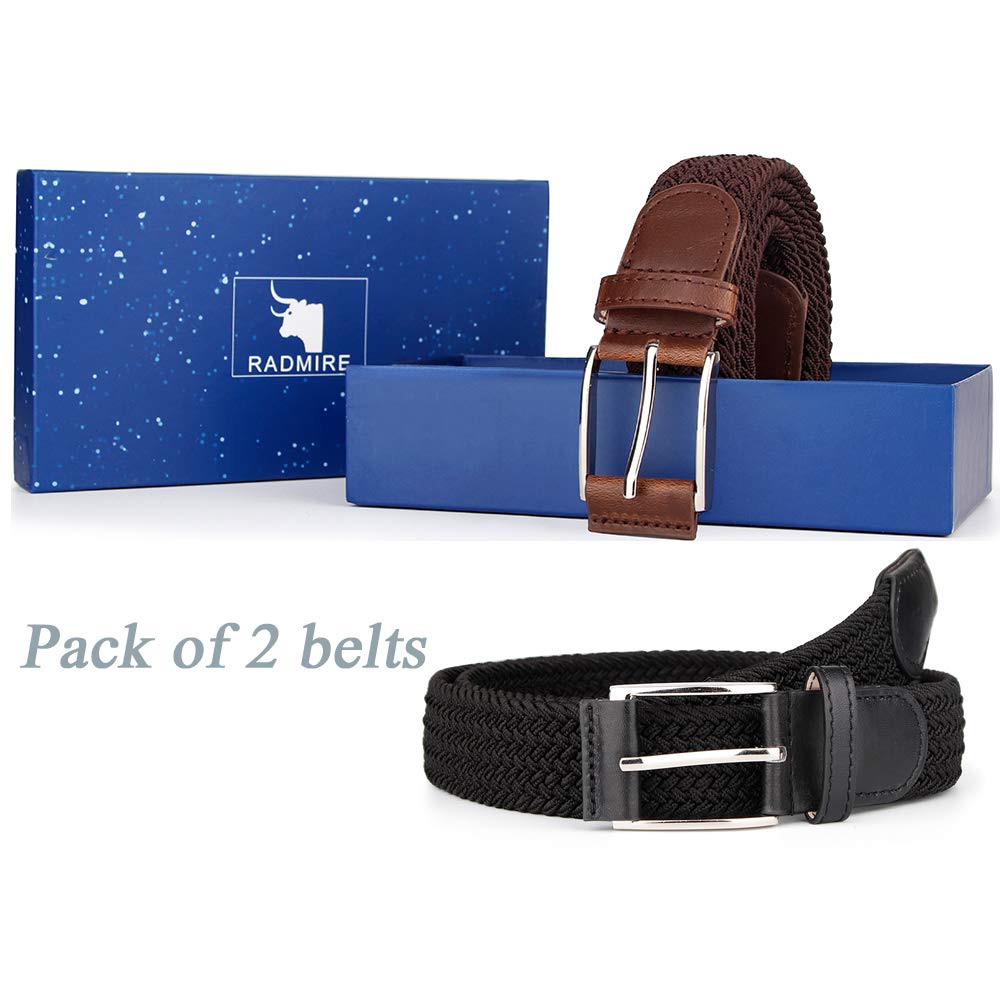 2 Pieces Braided Woven Elastic Stretch Canvas Belts for Men Women (Black+Brown, M)