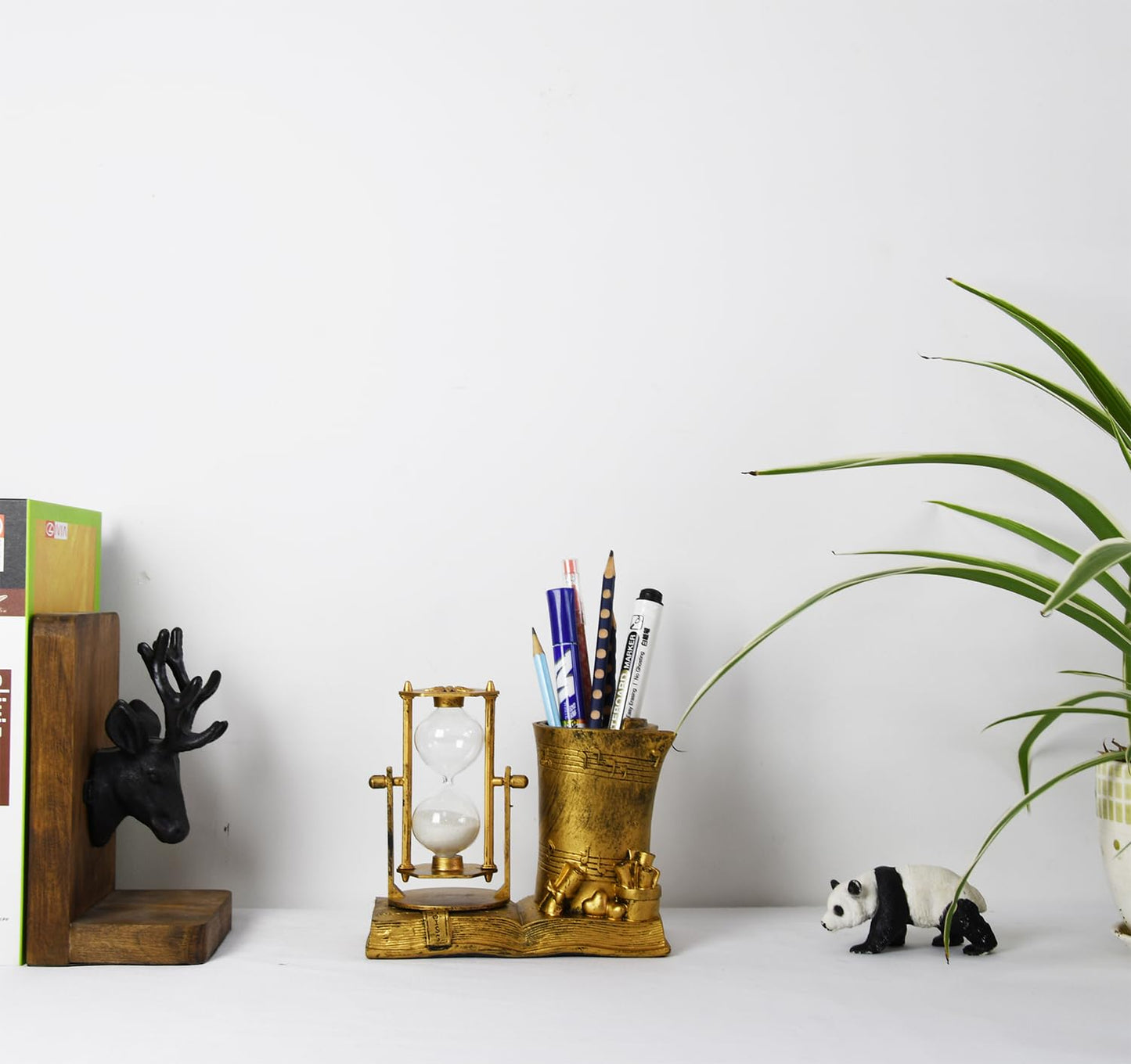Music-Themed Pencil Holder with Hourglass, Resin Desktop Organizer for Office & Study, Pen Holder with Sand Timer, Classic Addition Scissors Storage, Artistic Accessory Gift