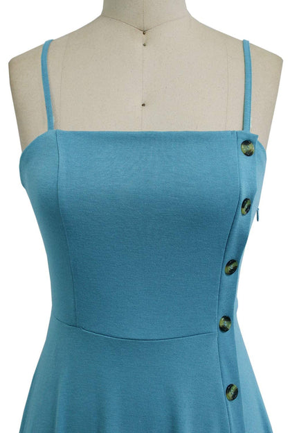 Sexy Sleeveless Knee Length Solid Cotton Fit and Flare Summer Wedding Party Button Down Light Blue Sundress