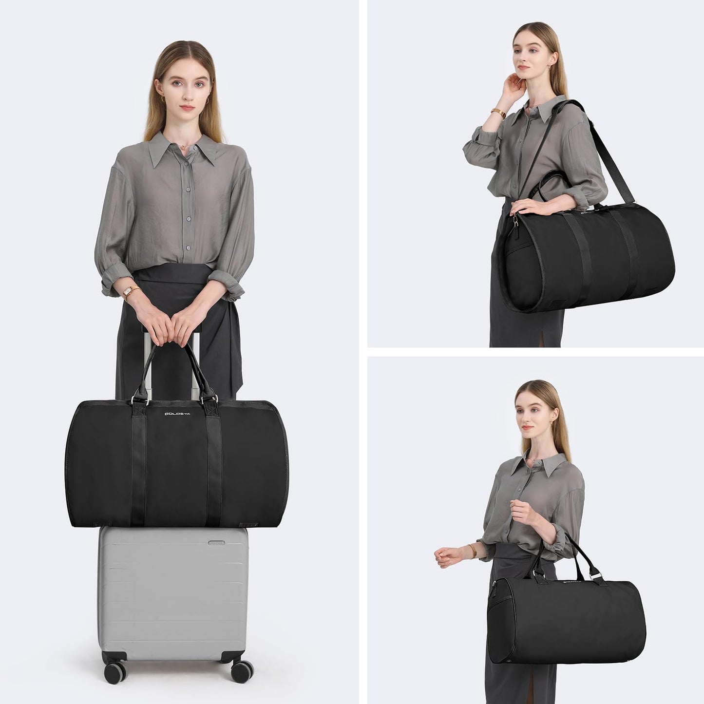 3Pcs Garment Duffle Bags for Travel Convertible Carry on Garment Bag for Women Men Travel Duffle Bag Includes Shoe Pouch & Hanging Suit Bag for Clothes/Dresses, Black