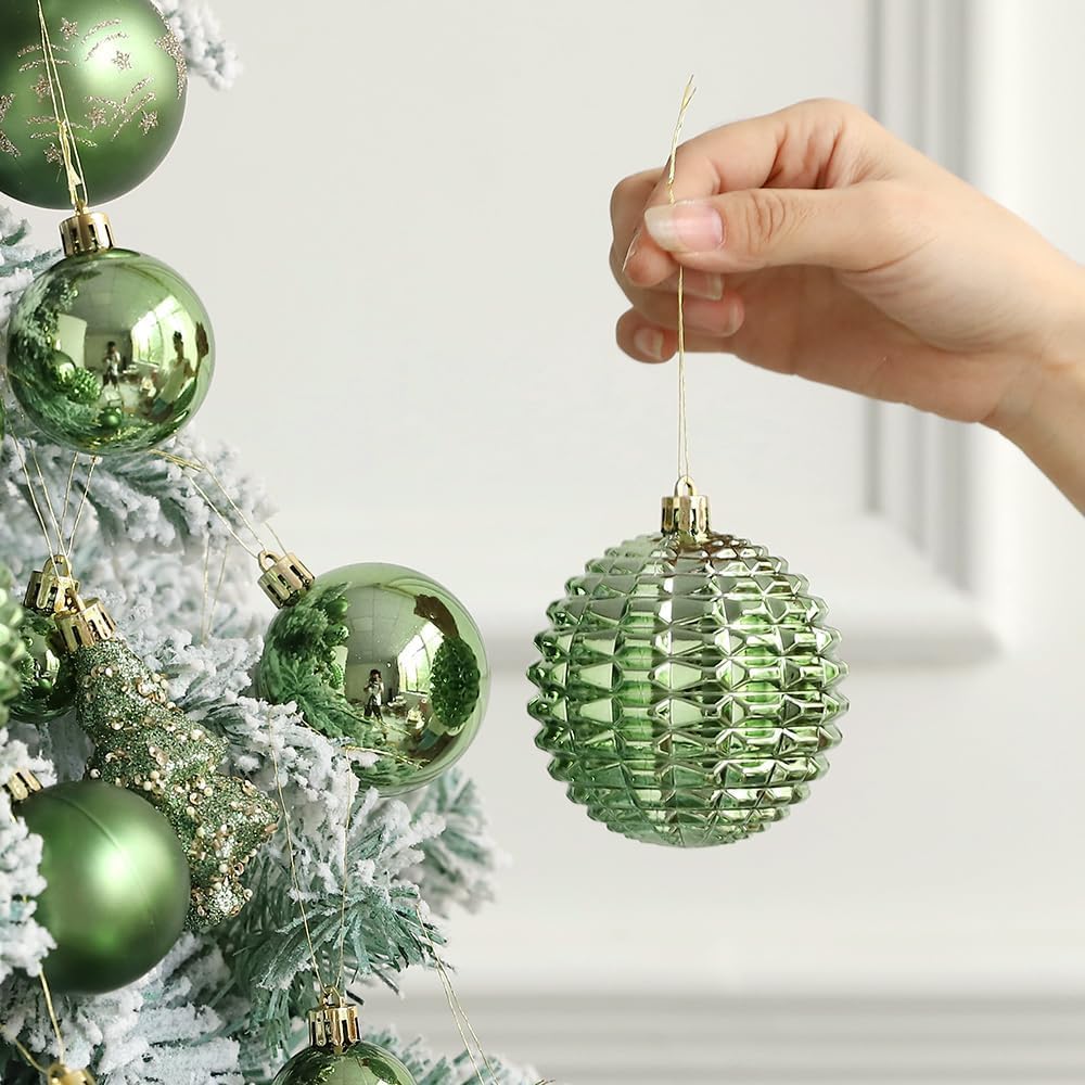 Christmas Ornaments Set, 48ct Green Shatterproof Christmas Tree Decorations Ball Large Glitter Christmas Flowers Hanging Ornament，for Xmas Trees Decor Indoor Home Holiday Party
