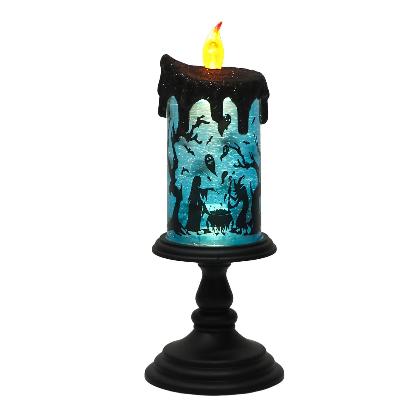 Eldnacele Halloween Snow Globe Flameless Candle with Timer, Battery Operated Spooky Spinning Water Glittering Tornado Lamp LED Candlestick Table Fireplace Witch Decal Halloween Holiday Decoration