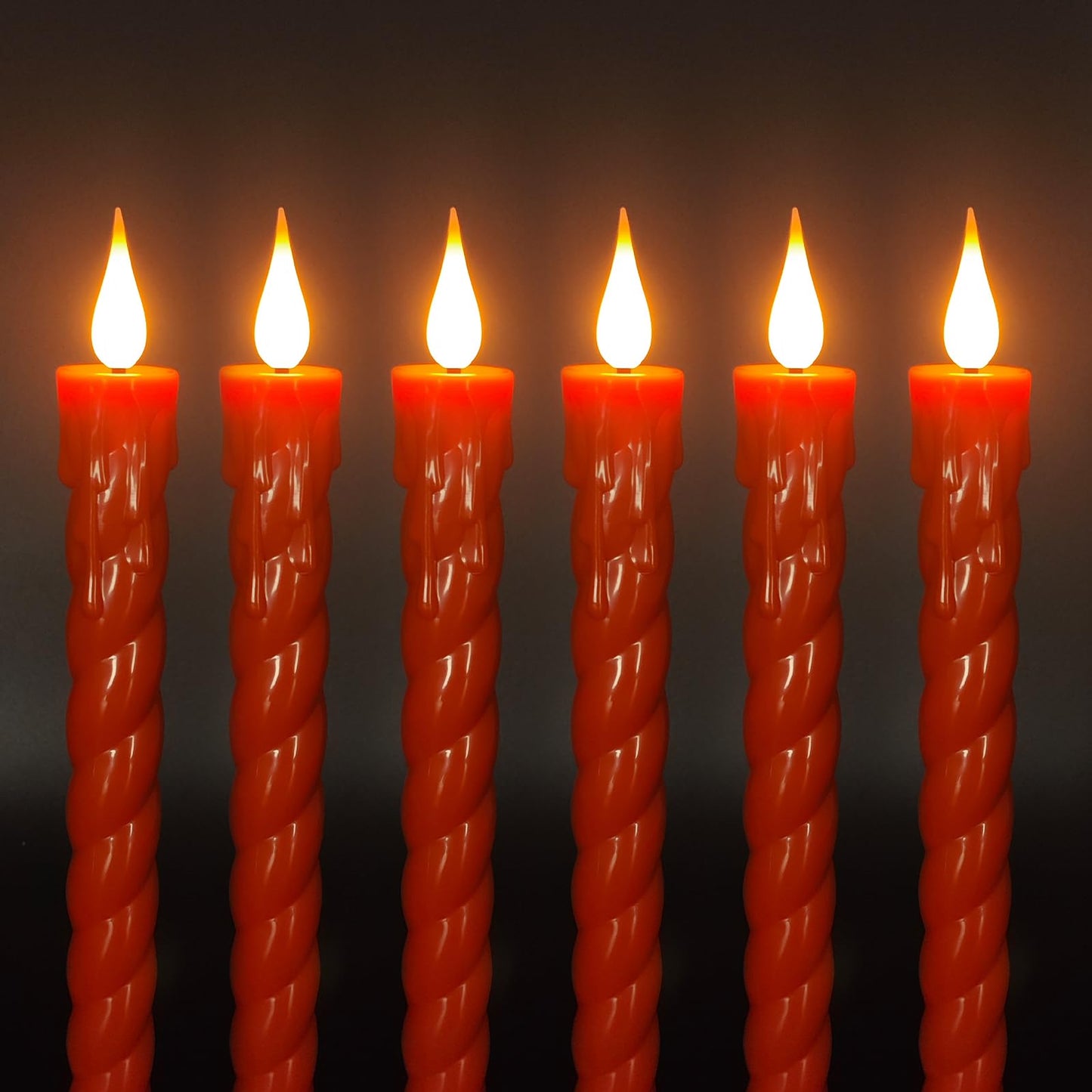 ODTRAM Flameless Taper Candles Flickering with Remote,Timer, Dimmer,9.7 Inch Orange 6 Pack Candle Sticks,Realistic Wax Drip,Battery Operated Candlesticks for Christmas Wedding Halloween Home Decor