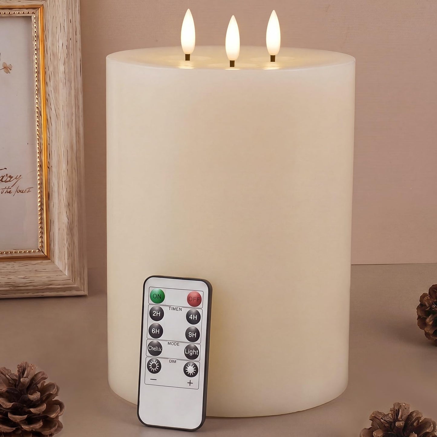 Retisee Extra Large Flameless Candles LED Battery Operated Real Wax 3 Wicks Flickering Pillar Candle with Remote Control Timer for Home Wedding Christmas Party Decoration (Ivory,6'' X 8'')