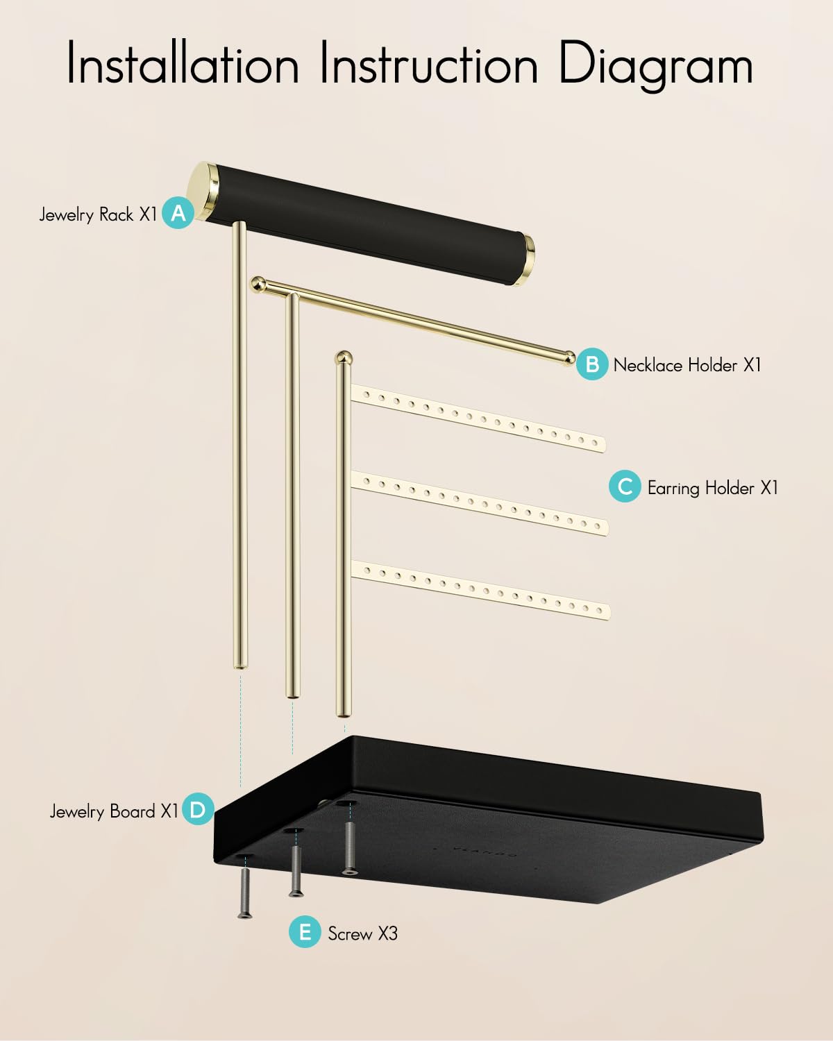 VLANDO Jewelry Stand Organizer with Ring Holder Tray, Necklace and Earring Storage for Bracelets, Watches and Rings, PU Leather Covered Wooden Tray with Gold Metal Frame - Black