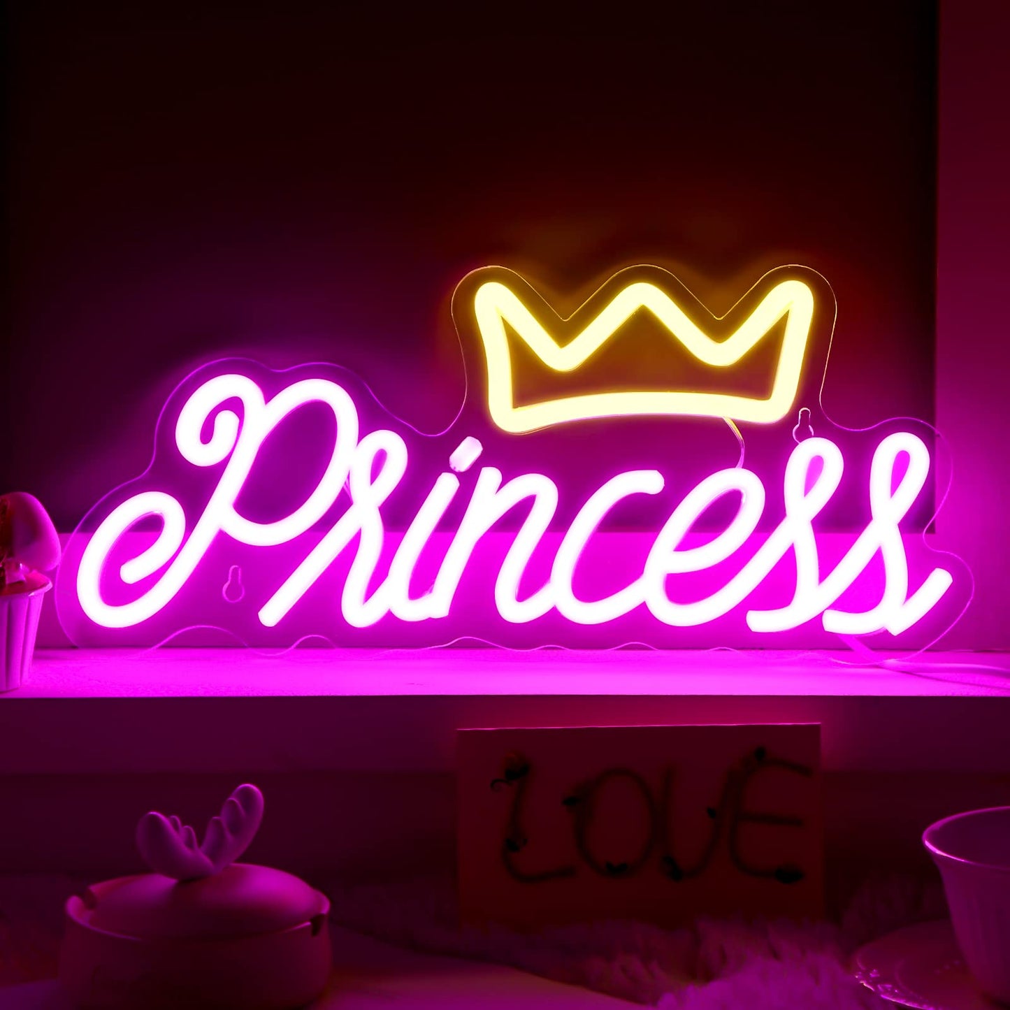 Ganeen Crown Neon Sign for Wall Decor Princess LED Neon Light Hanging Sign for Bedroom Decorative LED Wall Decor with USB Power for Room Wedding Party Bar Christmas Gift