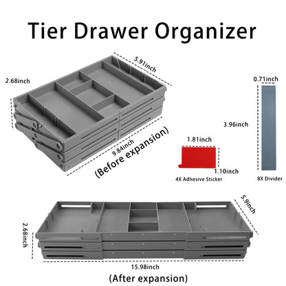 Abnaok 3 Tier Drawer Organizer Multi Level Collapsible Expandable Desk Organizer Trays for Office Supplies, Kitchen Gadgets Utensils, Vanity, Makeup, Jewelry